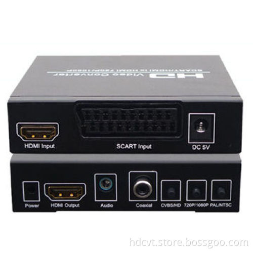 SCART + HDMI to HDMI Converter (Upscaler) with Digital Coaxial Audio, Analog Stereo Audio Output For